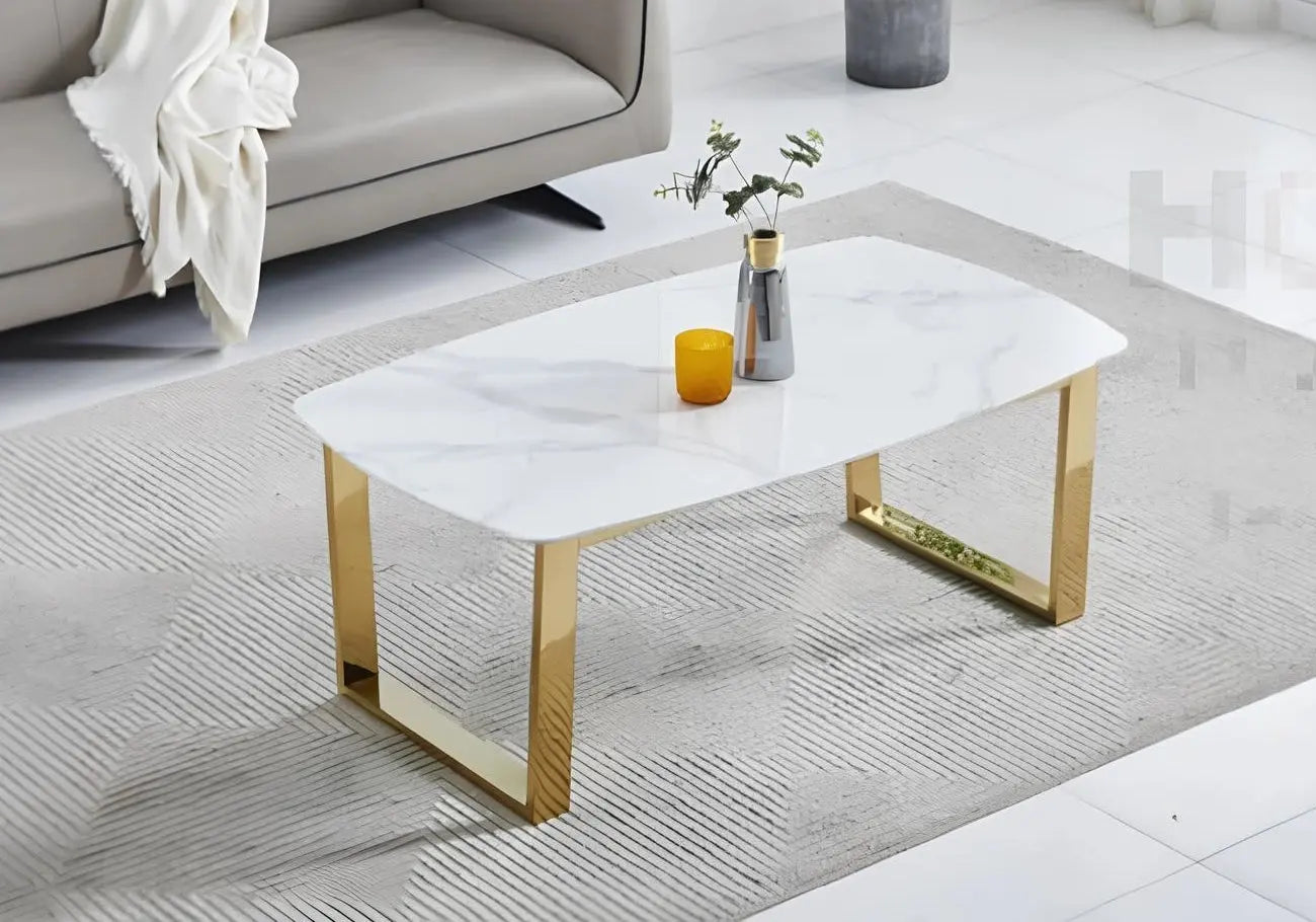 Table basse dorée marbre blanc – Galerie du Mobilier - Vue 1