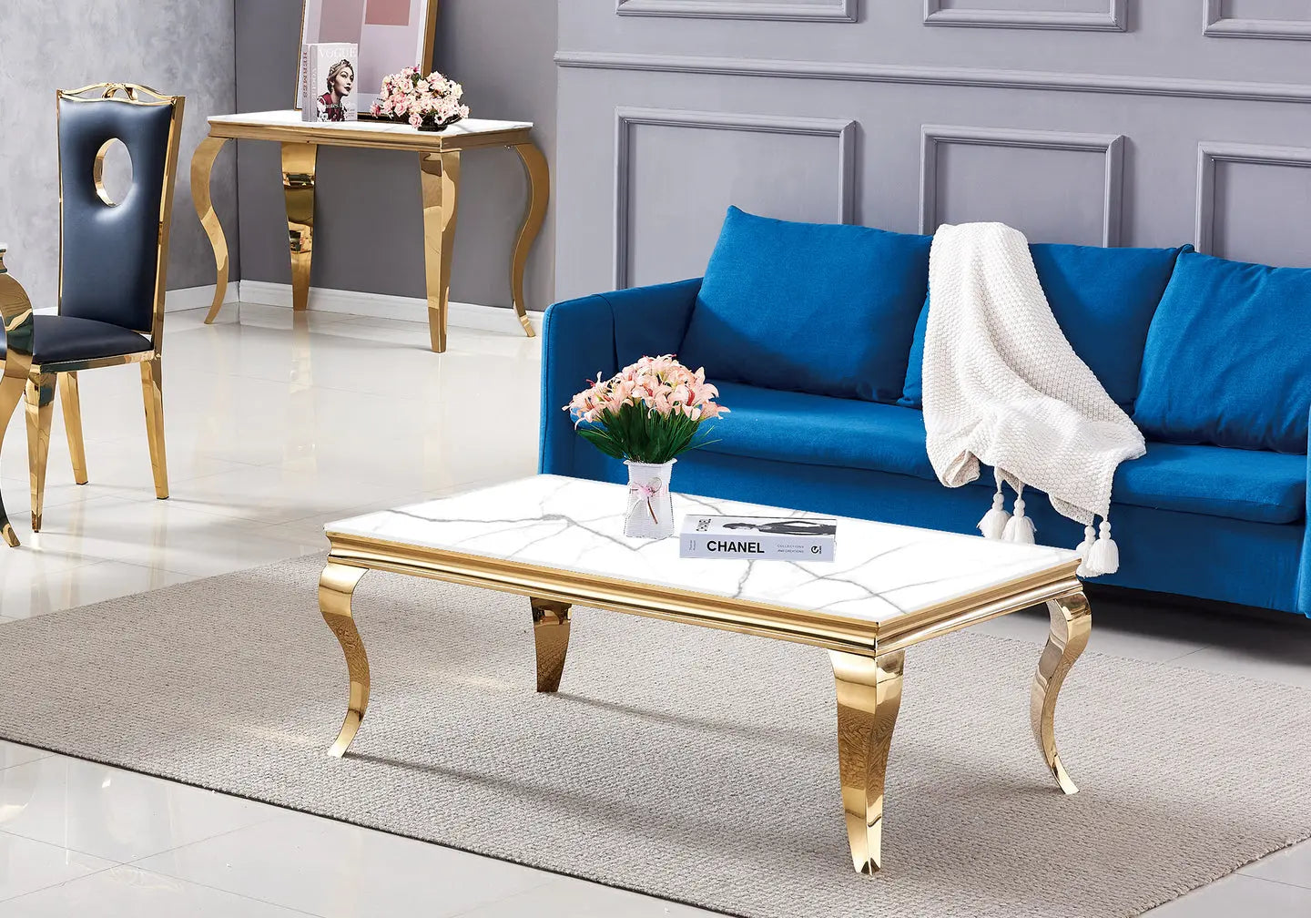 Table basse dorée marbre blanc BAROQUE Galerie du Mobilier