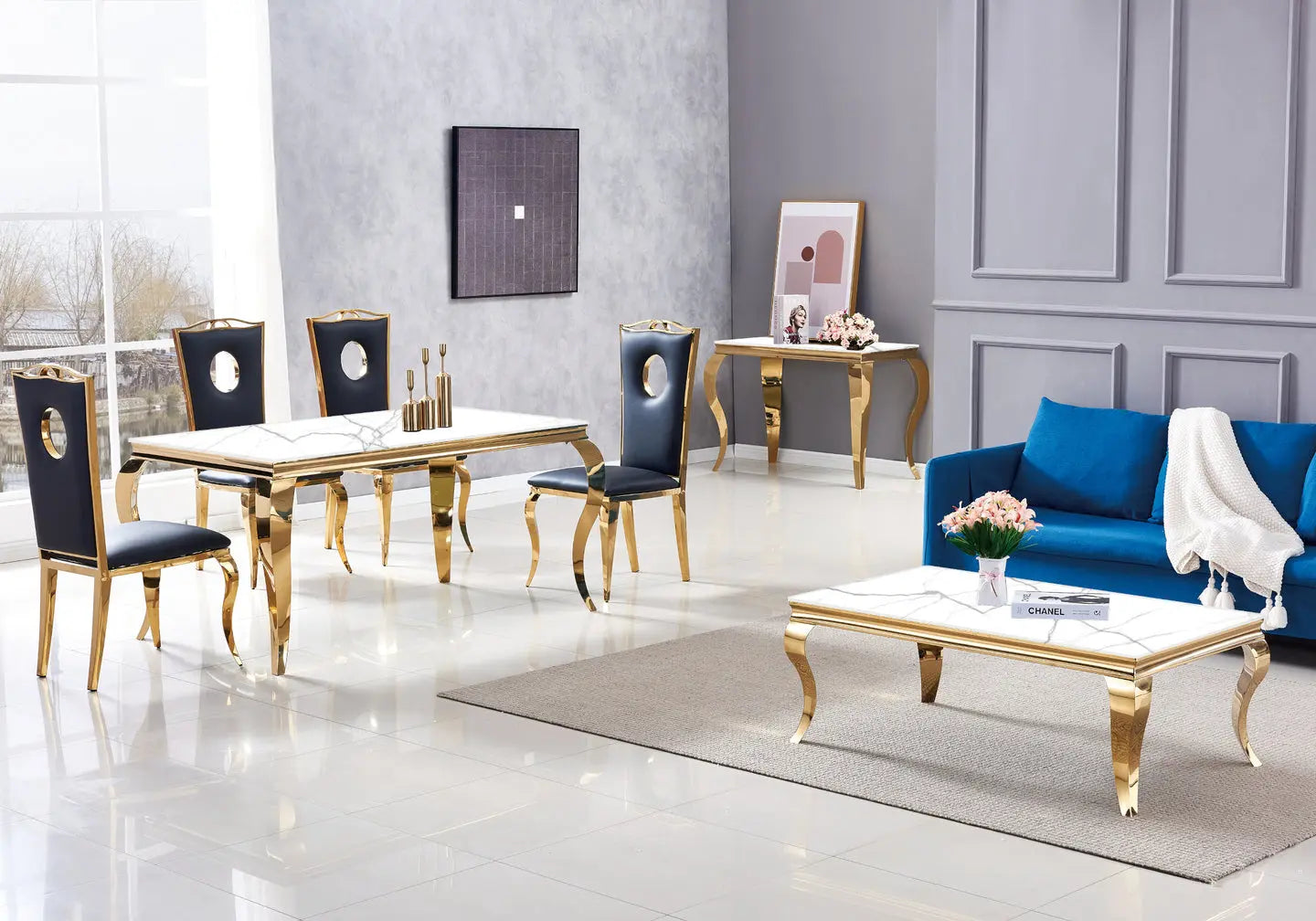 Table basse dorée marbre blanc BAROQUE Galerie du Mobilier