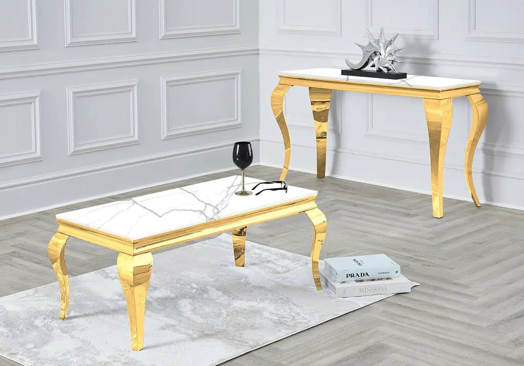 Table basse dorée marbre blanc BAROQUE Galerie du Mobilier