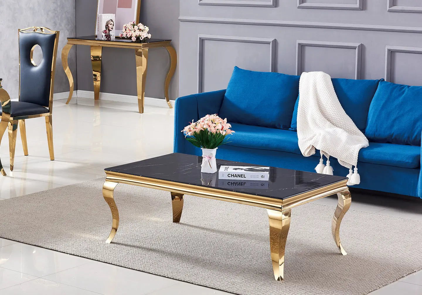 Table basse dorée marbre noir BAROQUE Galerie du Mobilier