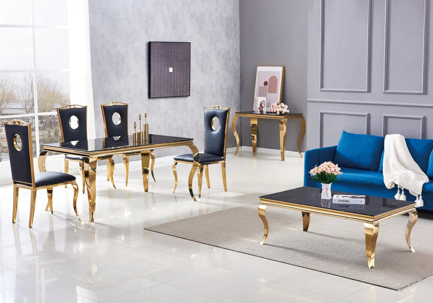 Table basse dorée marbre noir BAROQUE Galerie du Mobilier