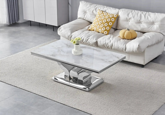 Table basse marbre beige pieds métal argent TROPHEE Galerie du Mobilier