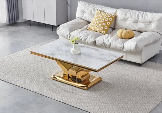 Table basse marbre beige pieds métal doré TROPHEE Galerie du Mobilier