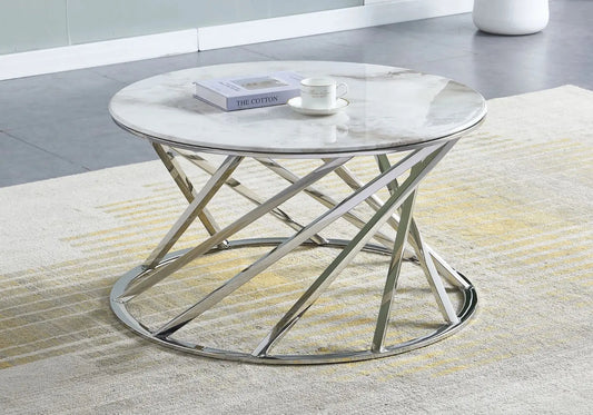 Table basse ronde argent marbre beige RAYAN - Galerie du Mobilier