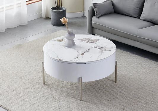 Table basse ronde chromée céramique marbre beige LOU Galerie du Mobilier