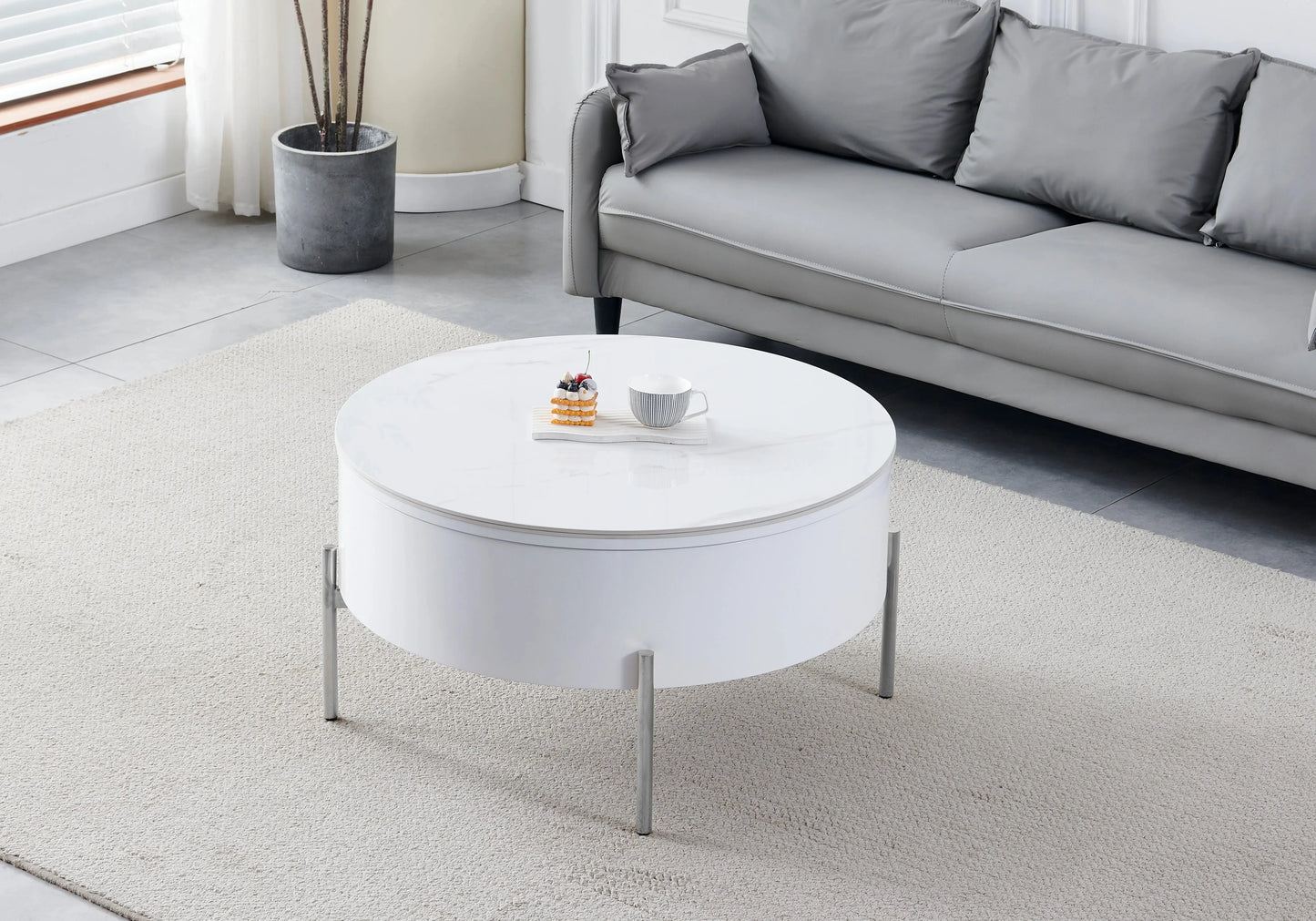 Table basse ronde chromée céramique marbre blanc LOU Galerie du Mobilier