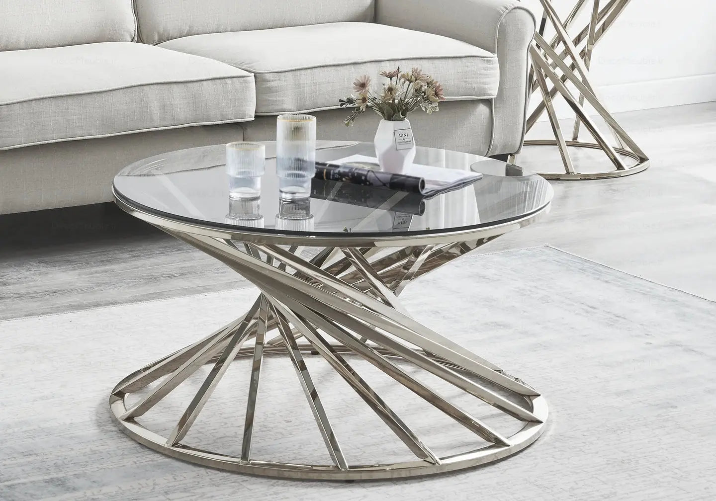 Table basse ronde en verre argent AKILA Galerie du Mobilier