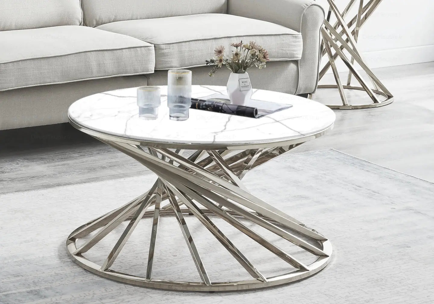 Table basse ronde marbre blanc argent AKILA Galerie du Mobilier