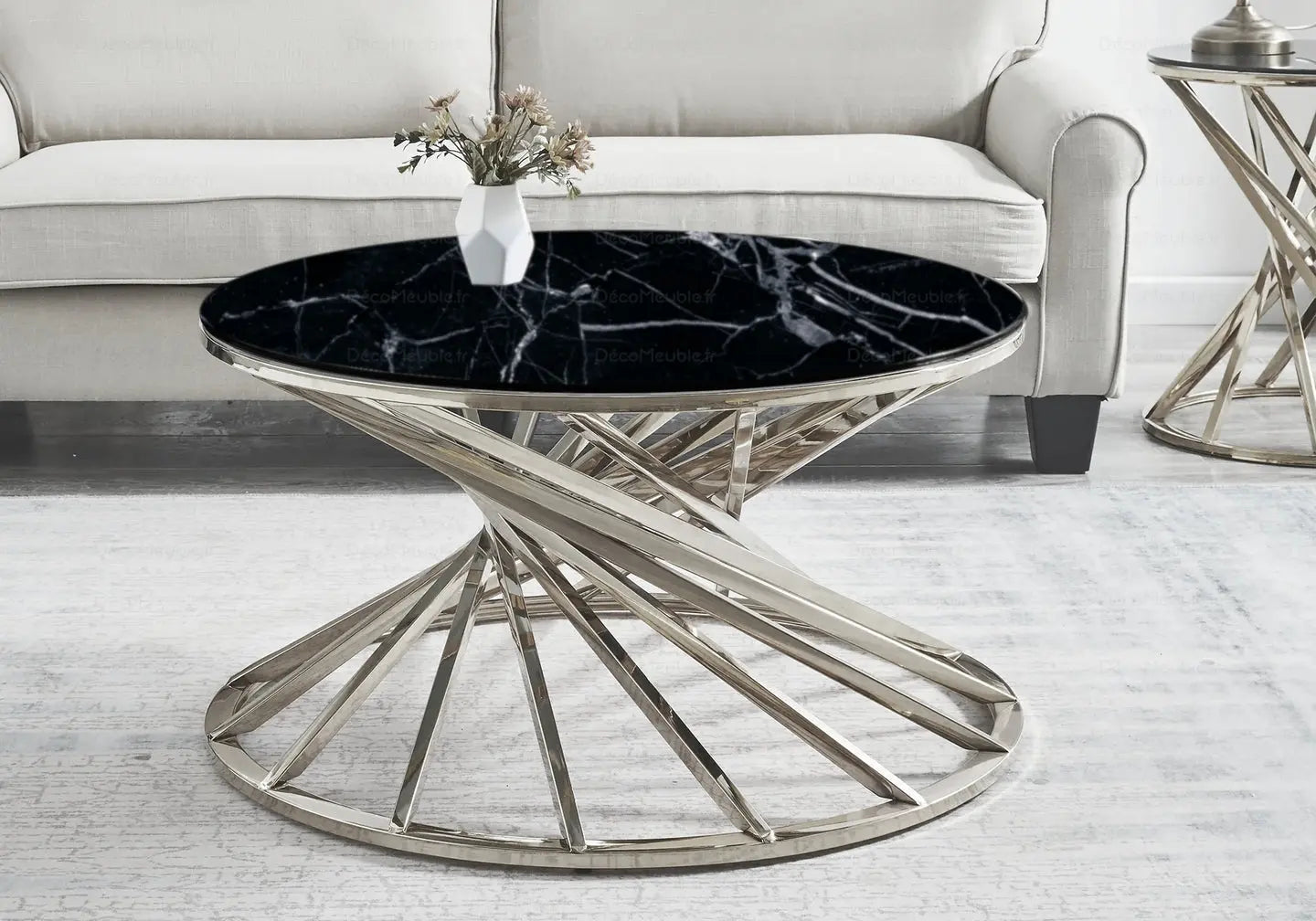 Table basse ronde marbre noir argent AKILA Galerie du Mobilier
