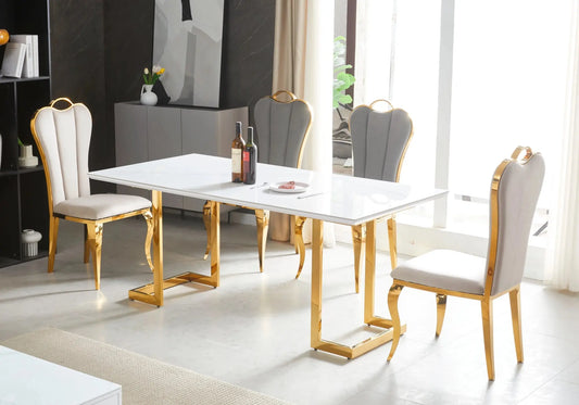 Ensemble table chaise dorée céramique marbre blanc LILA - Galerie du Mobilier