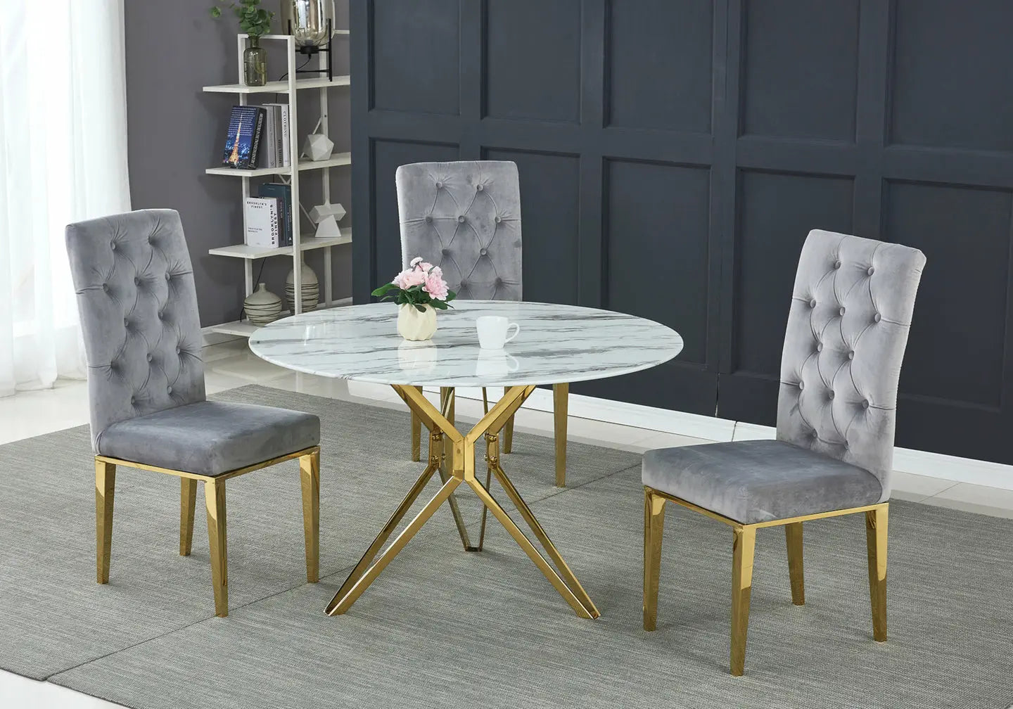 Table et chaise dorée marbre blanc - Vue 1