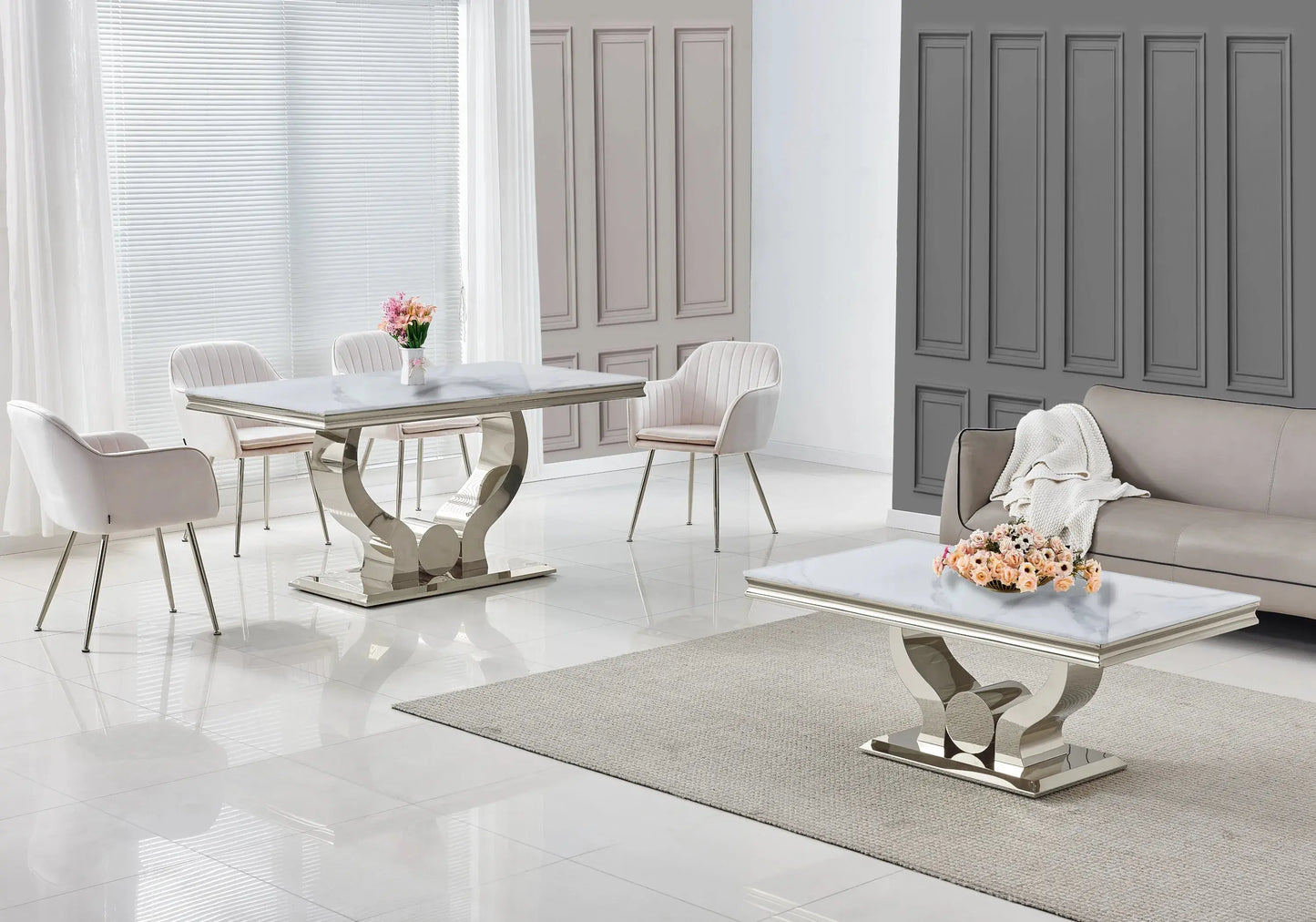 Table et chaises marbre beige argent TROPHEE Galerie du Mobilier