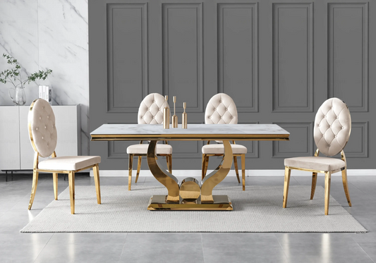 Table marbre beige chaises capitonnées beige doré TROPHEE Galerie du Mobilier
