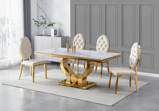 Table marbre beige chaises capitonnées beige doré TROPHEE Galerie du Mobilier