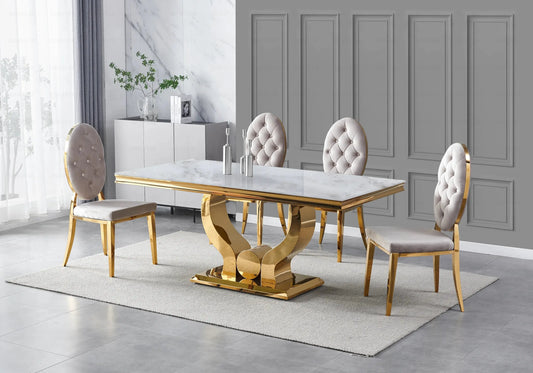 Table marbre beige chaises capitonnées taupe doré TROPHEE Galerie du Mobilier
