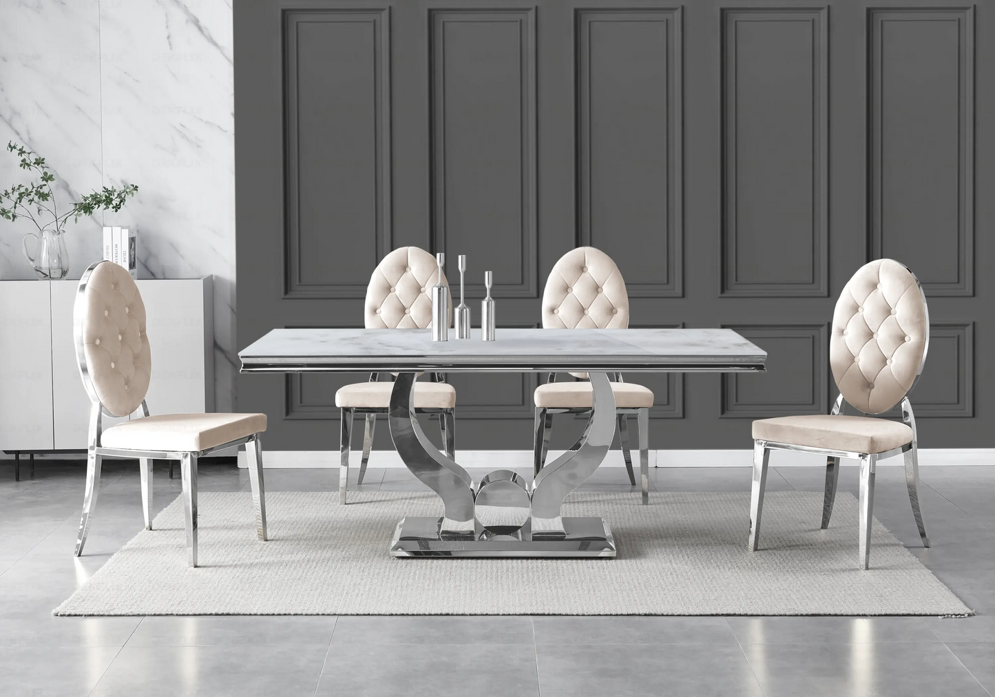 Table marbre beige et chaises capitonnées beige TROPHEE Galerie du Mobilier