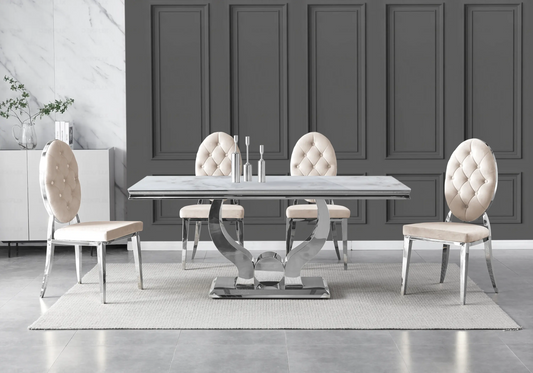 Table marbre beige et chaises capitonnées beige TROPHEE Galerie du Mobilier