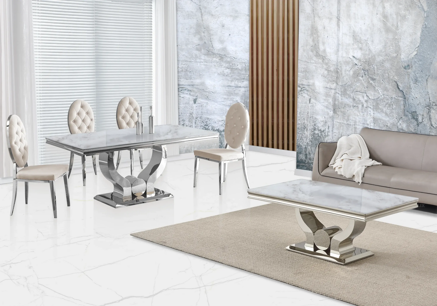 Table marbre beige et chaises capitonnées beige TROPHEE Galerie du Mobilier