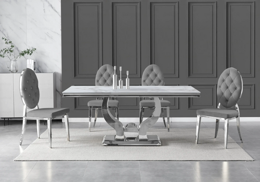 Table marbre beige et chaises capitonnées gris argent TROPHEE Galerie du Mobilier