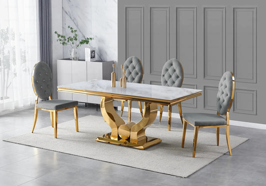 Table marbre beige et chaises capitonnées gris doré TROPHEE Galerie du Mobilier