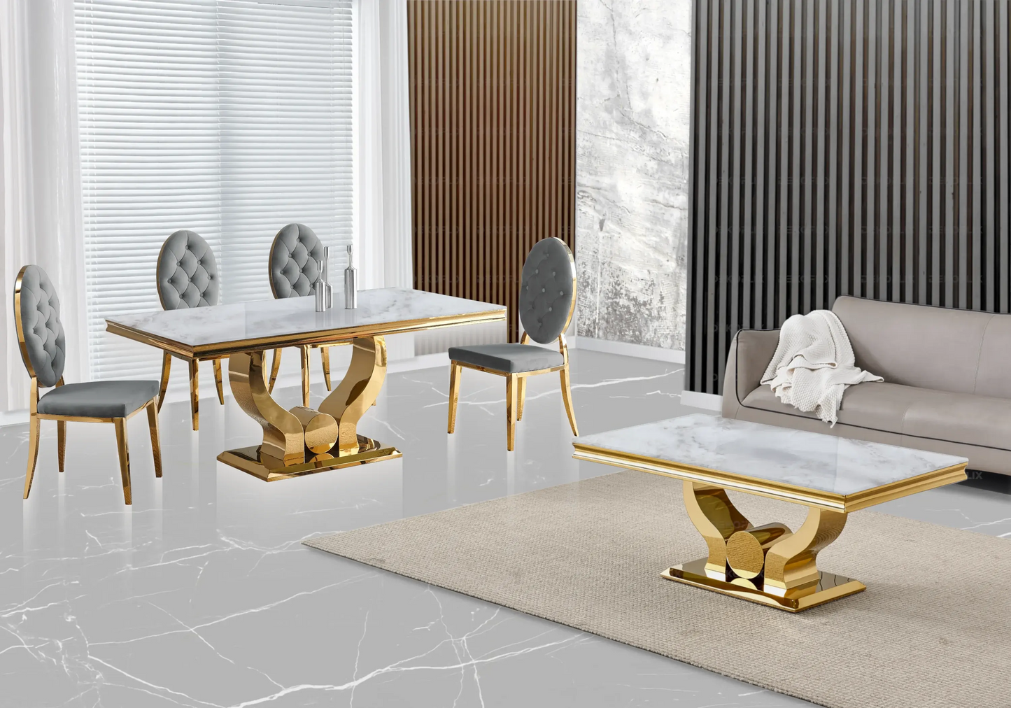 Table marbre beige et chaises capitonnées gris doré TROPHEE Galerie du Mobilier