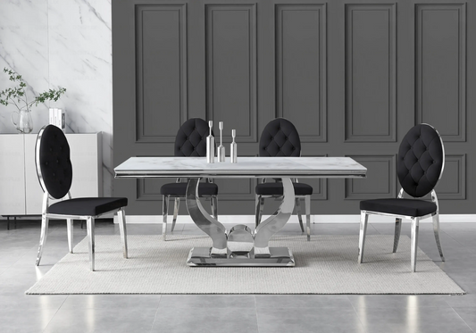 Table marbre beige et chaises capitonnées noir TROPHEE Galerie du Mobilier