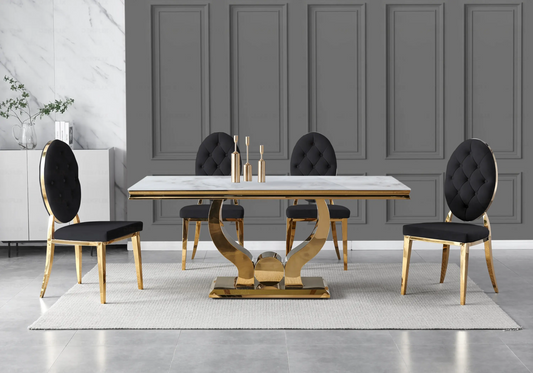Table marbre beige et chaises capitonnées noir doré TROPHEE Galerie du Mobilier