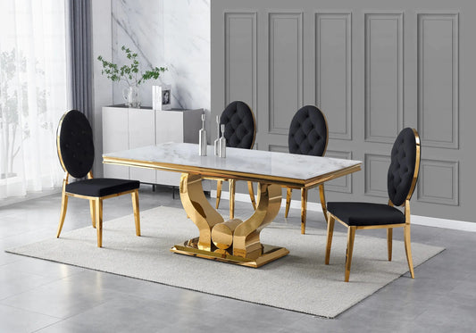 Table marbre beige et chaises capitonnées noir doré TROPHEE Galerie du Mobilier