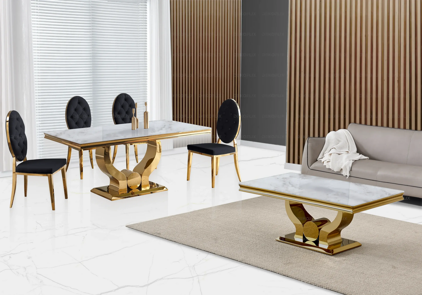 Table marbre beige et chaises capitonnées noir doré TROPHEE Galerie du Mobilier