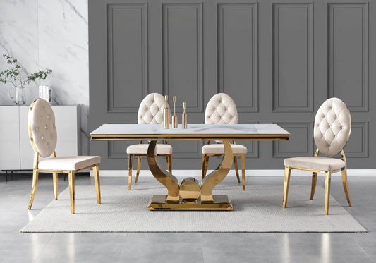 Table marbre blanc chaises capitonnées beige doré TROPHEE Galerie du Mobilier