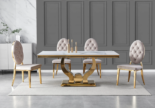 Table marbre blanc chaises capitonnées taupe doré TROPHEE Galerie du Mobilier