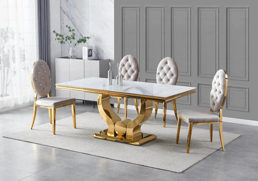 Table marbre blanc chaises capitonnées taupe doré TROPHEE Galerie du Mobilier