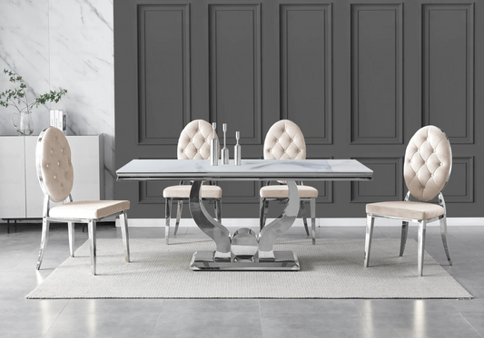 Table marbre blanc et chaises capitonnées beige TROPHEE Galerie du Mobilier