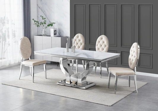 Table marbre blanc et chaises capitonnées beige TROPHEE Galerie du Mobilier
