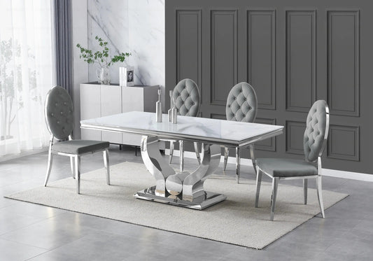 Table marbre blanc et chaises capitonnées gris argent TROPHEE Galerie du Mobilier