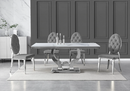 Table marbre blanc et chaises capitonnées gris argent TROPHEE Galerie du Mobilier