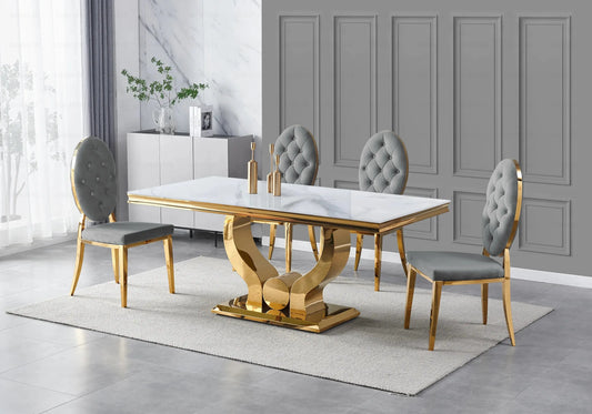 Table marbre blanc et chaises capitonnées gris doré TROPHEE Galerie du Mobilier