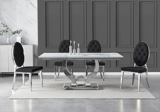 Table marbre blanc et chaises capitonnées noir TROPHEE Galerie du Mobilier