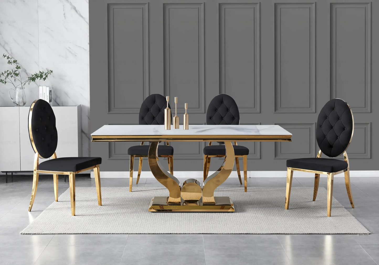 Table marbre blanc et chaises capitonnées noir doré TROPHEE Galerie du Mobilier
