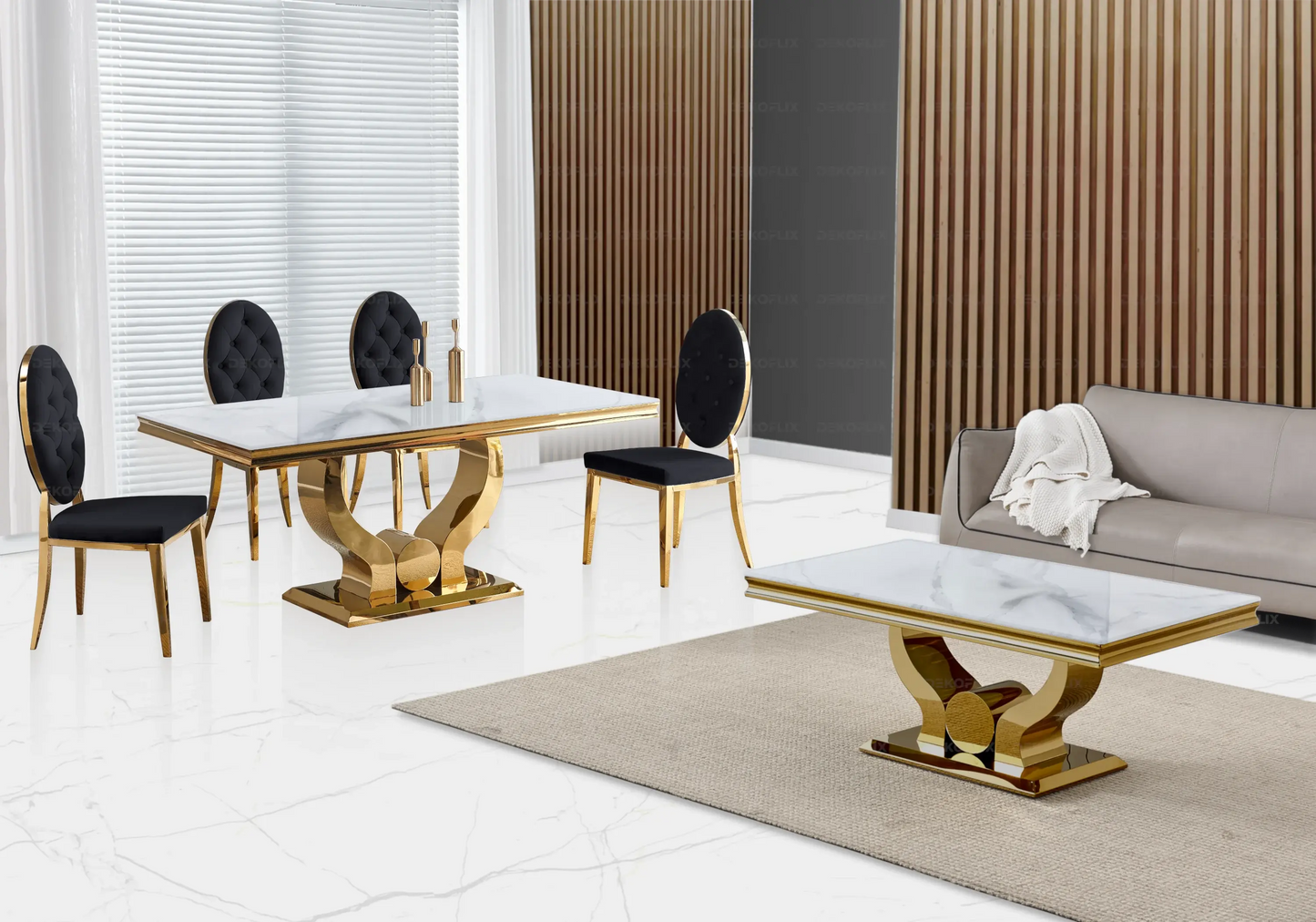 Table marbre blanc et chaises capitonnées noir doré TROPHEE Galerie du Mobilier