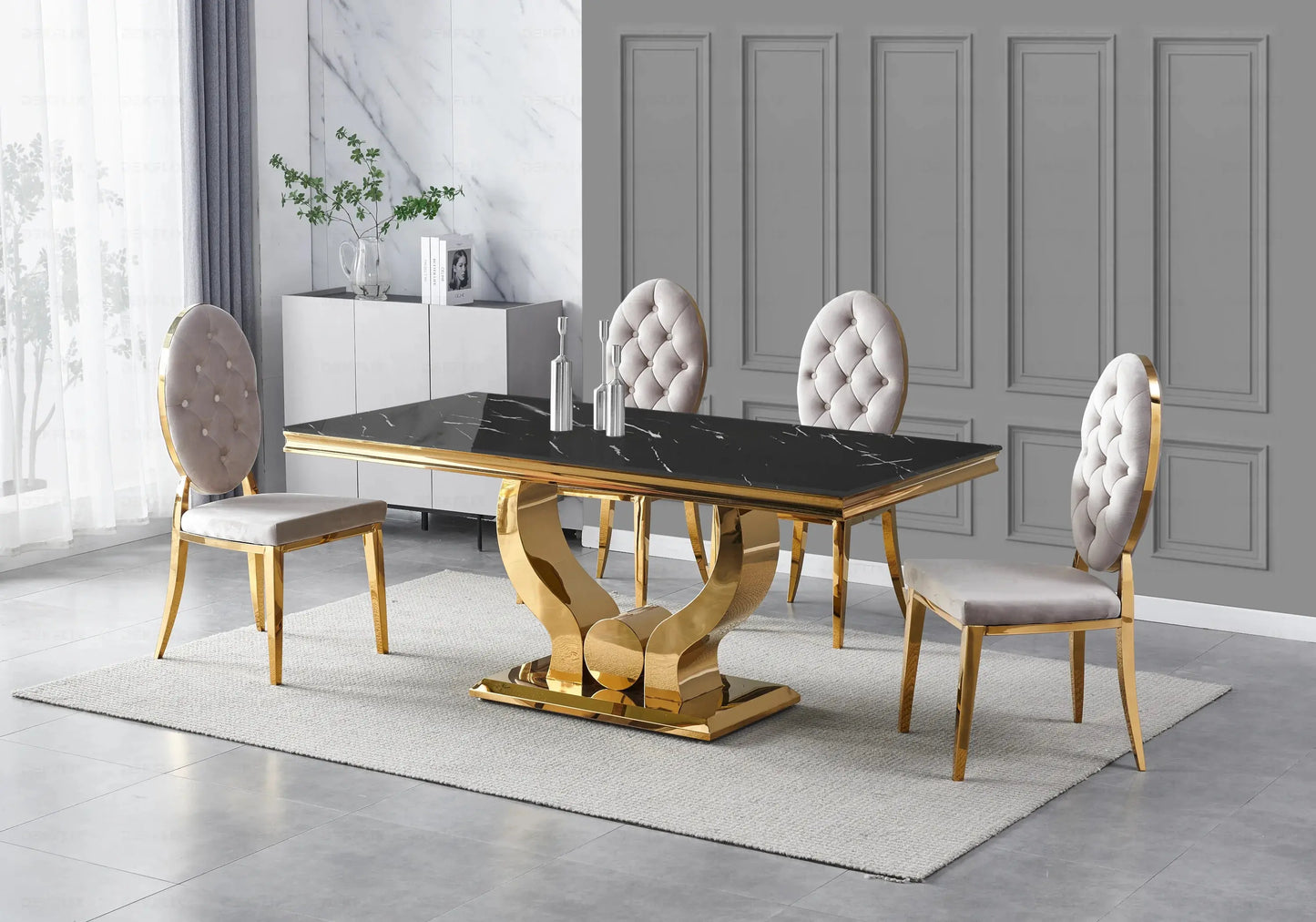 Table marbre noir chaises capitonnées taupe doré TROPHEE Galerie du Mobilier
