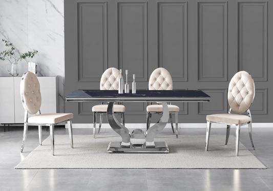 Table marbre noir et chaises capitonnées beige TROPHEE Galerie du Mobilier