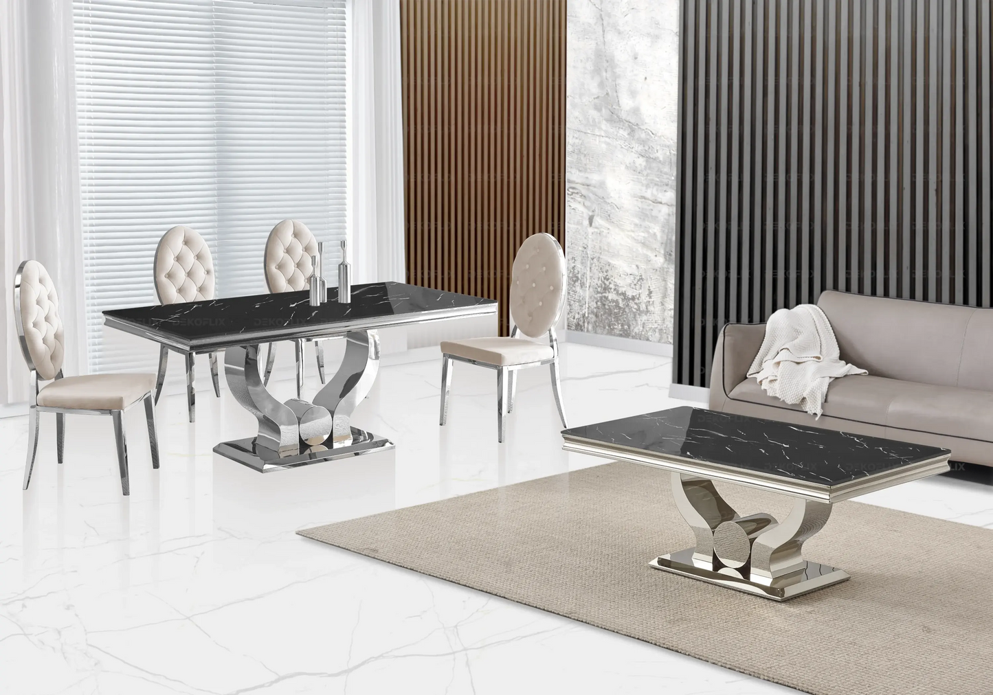Table marbre noir et chaises capitonnées beige TROPHEE Galerie du Mobilier