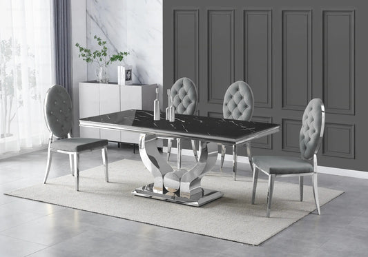 Table marbre noir et chaises capitonnées gris argent TROPHEE Galerie du Mobilier