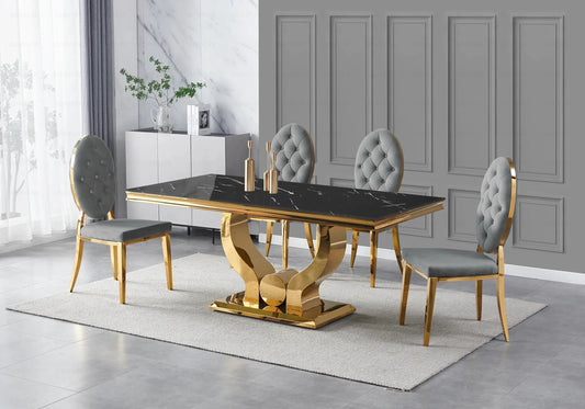 Table marbre noir et chaises capitonnées gris doré TROPHEE Galerie du Mobilier