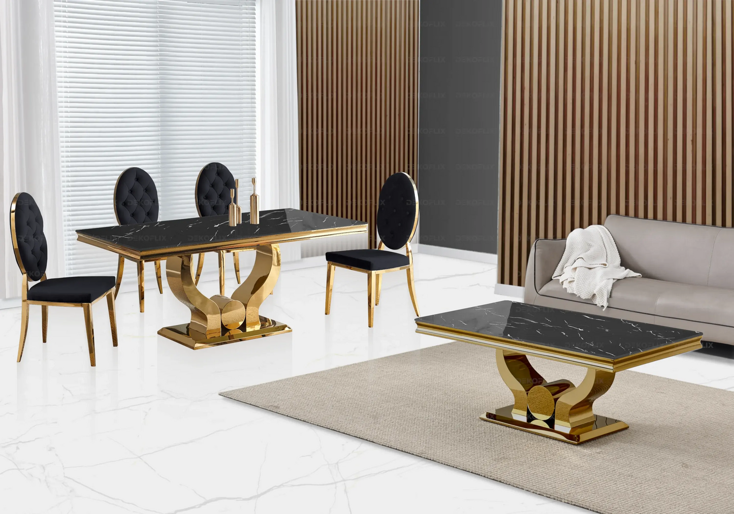 Table marbre noir et chaises capitonnées noir doré TROPHEE Galerie du Mobilier