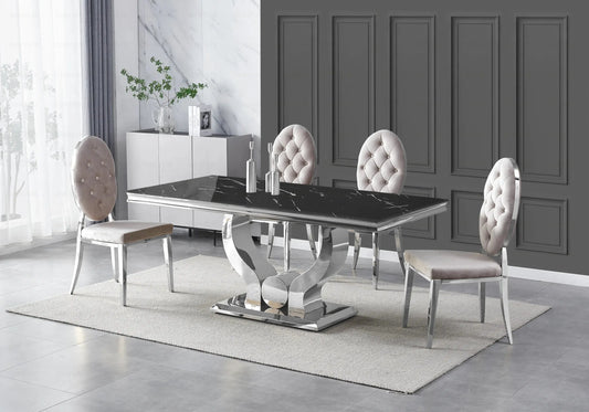 Table marbre noir et chaises capitonnées taupe TROPHEE Galerie du Mobilier