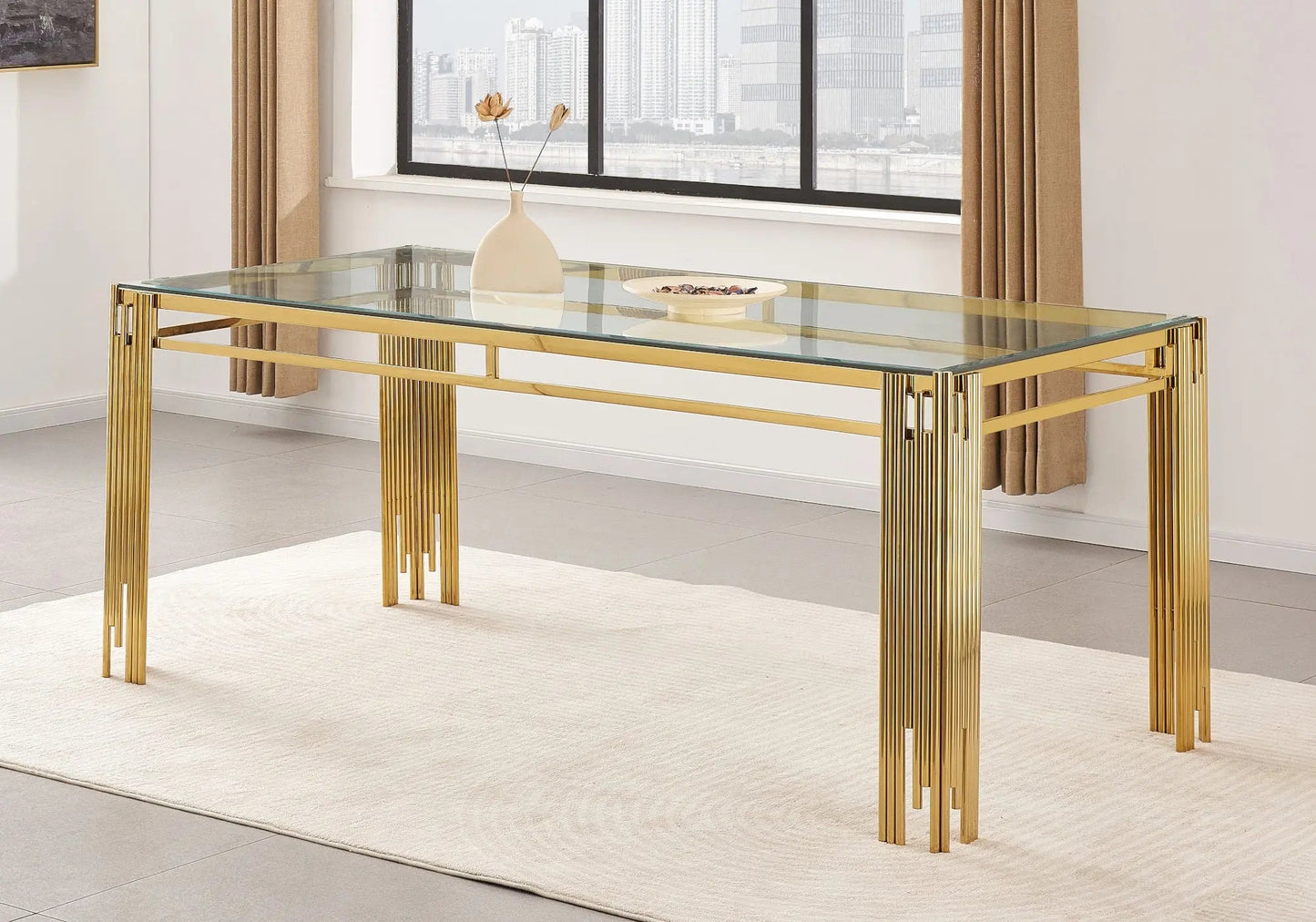 Table salle à manger dorée en verre – Galerie du Mobilier - Vue 1