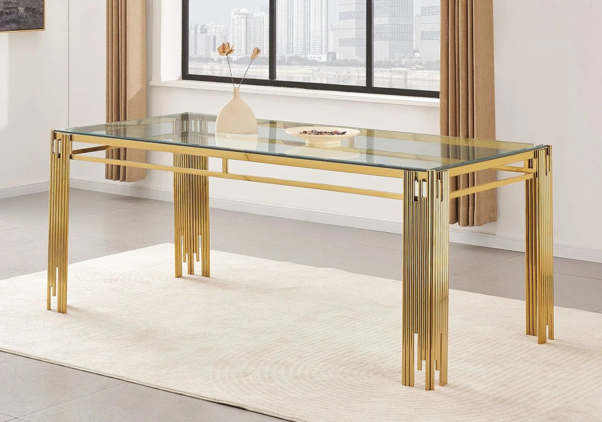 Table salle à manger dorée en verre – Galerie du Mobilier - Vue 1